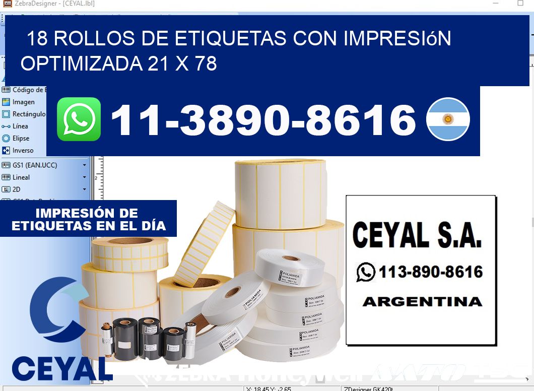 18 rollos de etiquetas con impresión optimizada 21 x 78