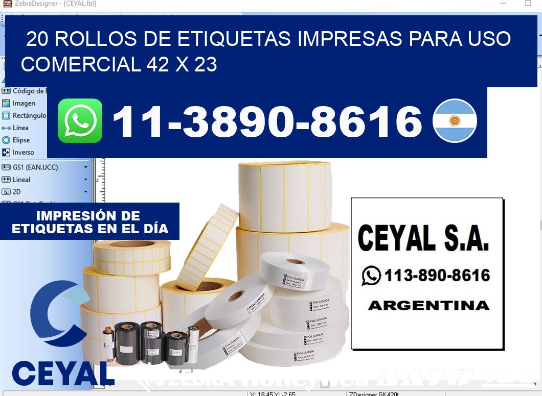20 rollos de etiquetas impresas para uso comercial 42 x 23
