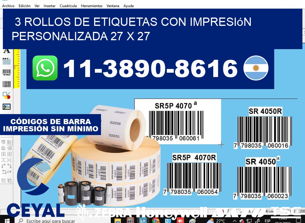 3 rollos de etiquetas con impresión personalizada 27 x 27