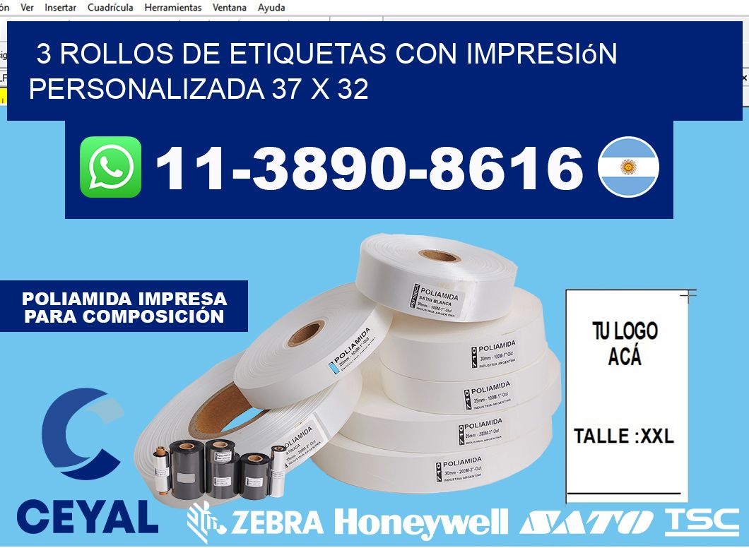 3 rollos de etiquetas con impresión personalizada 37 x 32