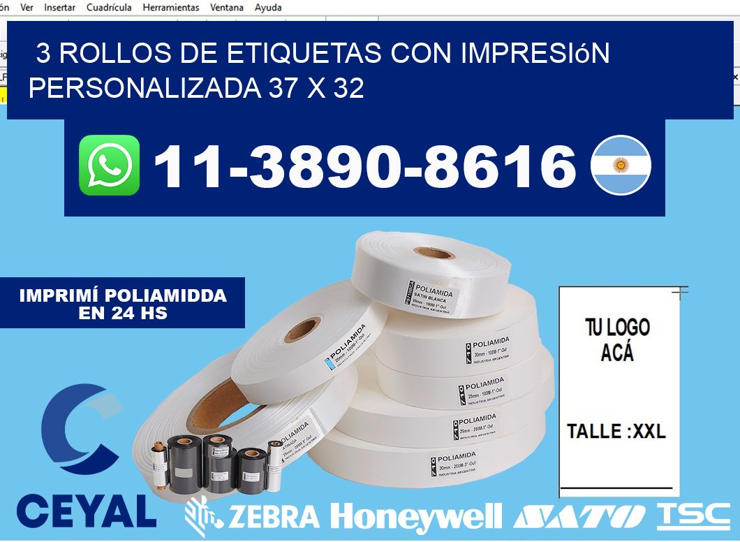 3 rollos de etiquetas con impresión personalizada 37 x 32