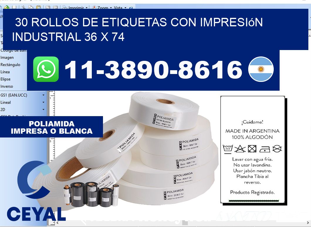 30 rollos de etiquetas con impresión industrial 36 x 74