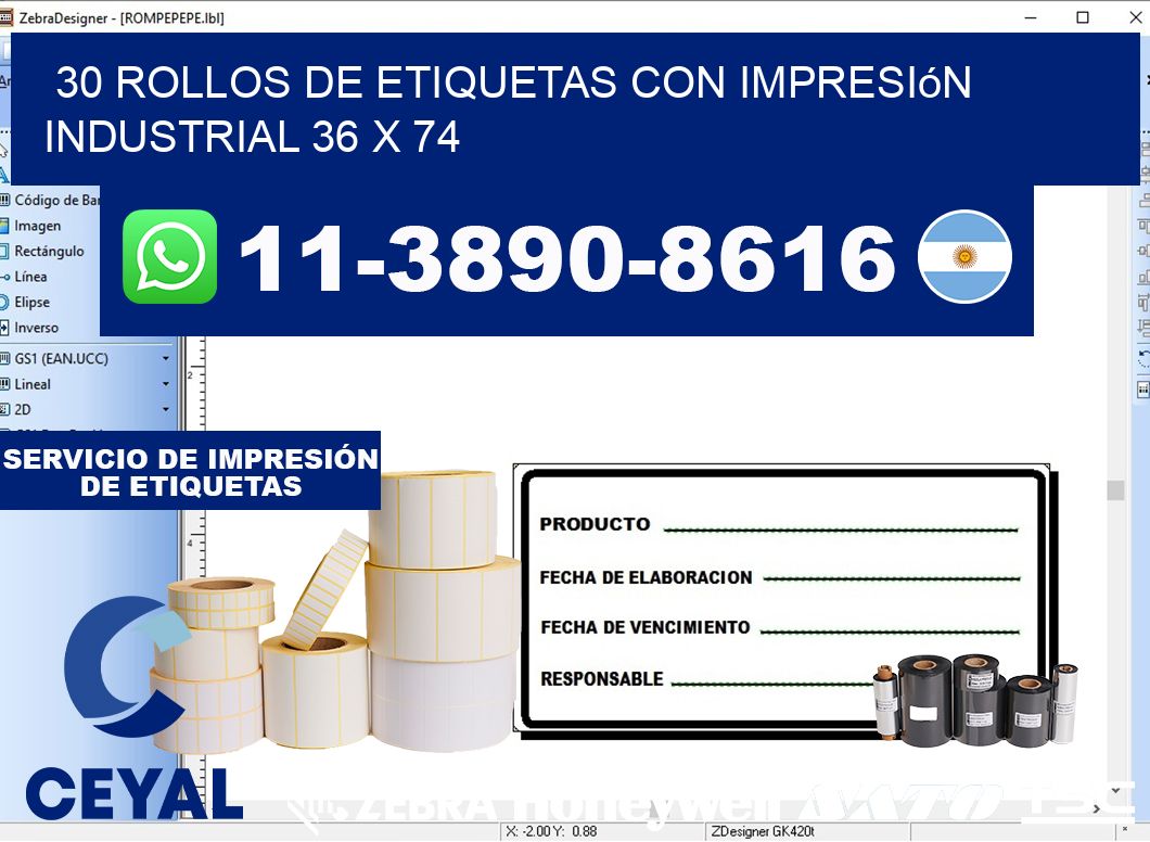 30 rollos de etiquetas con impresión industrial 36 x 74