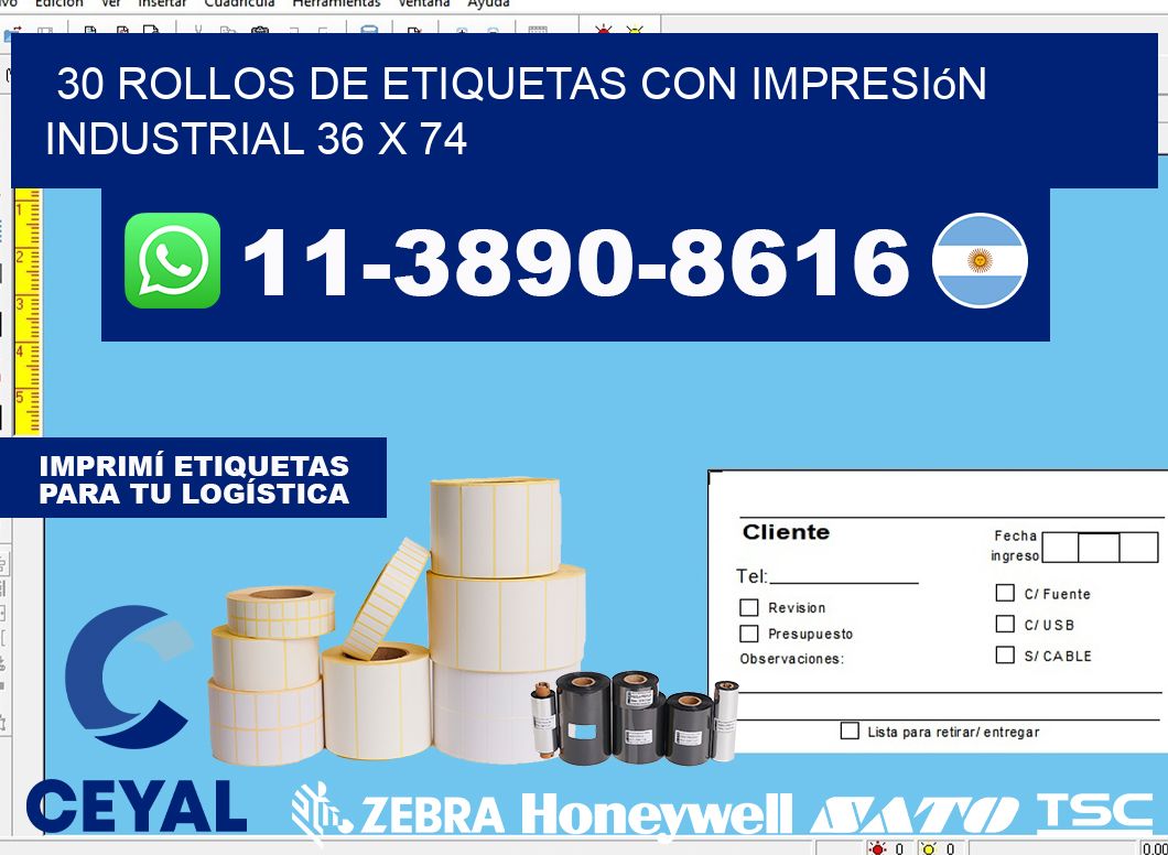 30 rollos de etiquetas con impresión industrial 36 x 74