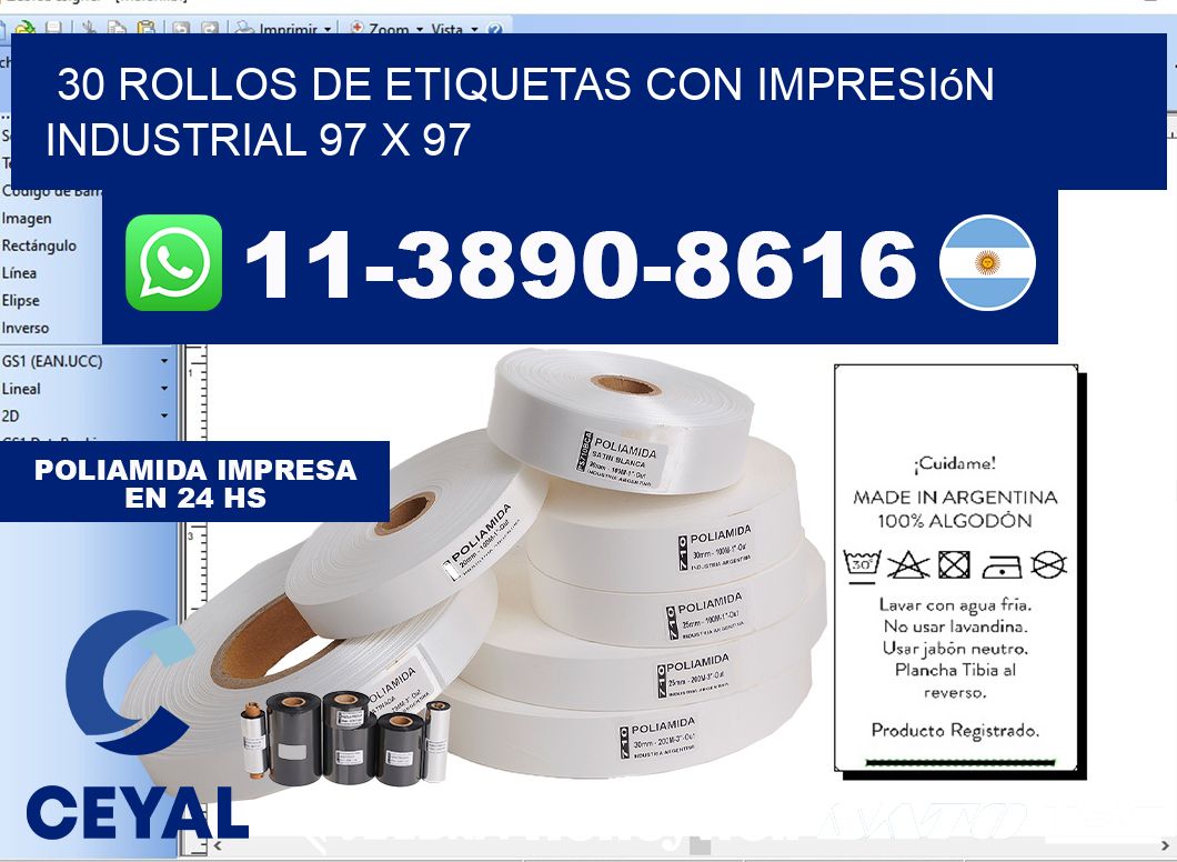 30 rollos de etiquetas con impresión industrial 97 x 97