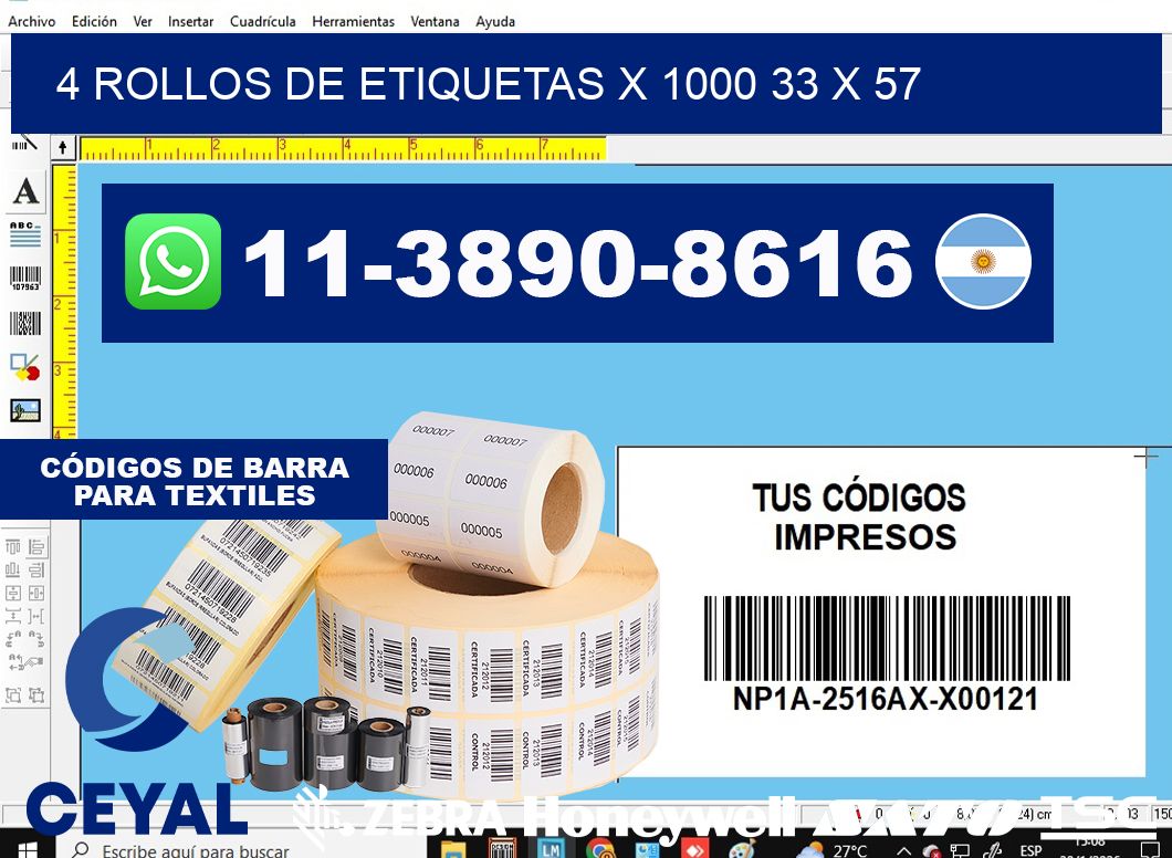4 rollos de etiquetas x 1000 33 x 57
