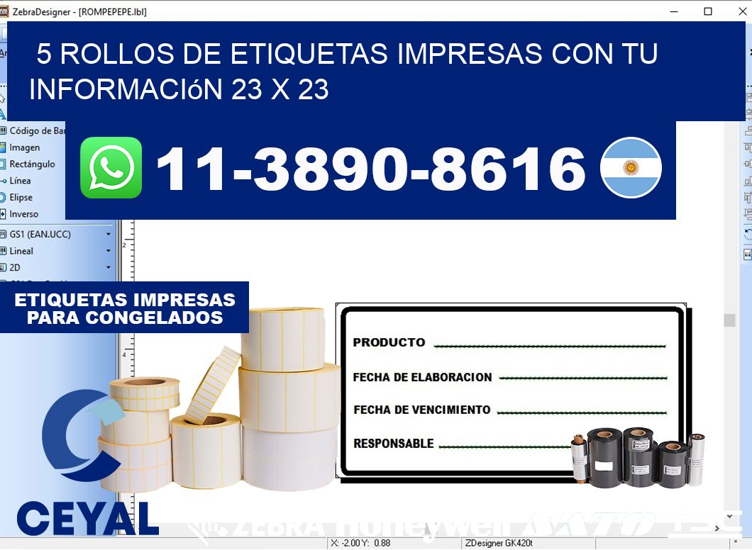 5 rollos de etiquetas impresas con tu información 23 x 23
