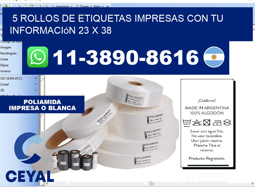 5 rollos de etiquetas impresas con tu información 23 x 38