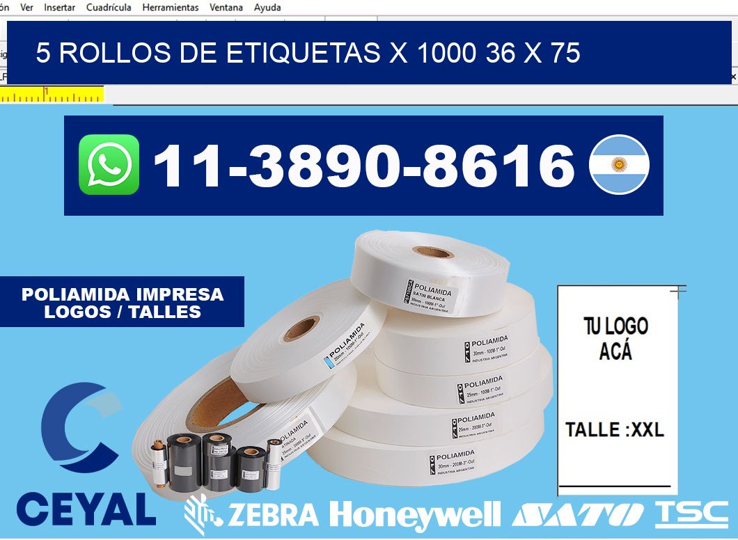 5 rollos de etiquetas x 1000 36 x 75