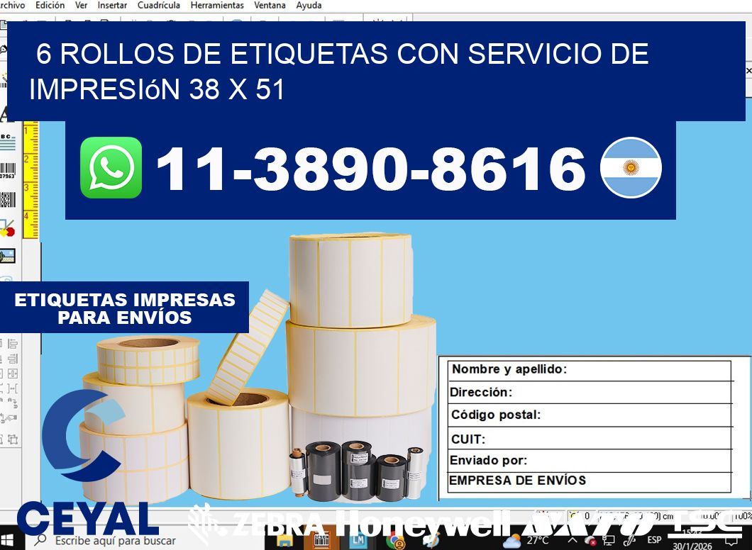 6 rollos de etiquetas con servicio de impresión 38 x 51
