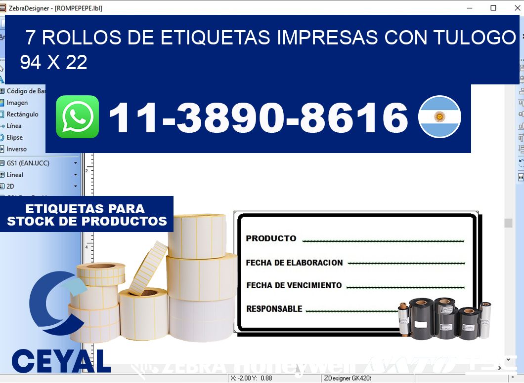 7 rollos de etiquetas impresas con tulogo 94 x 22