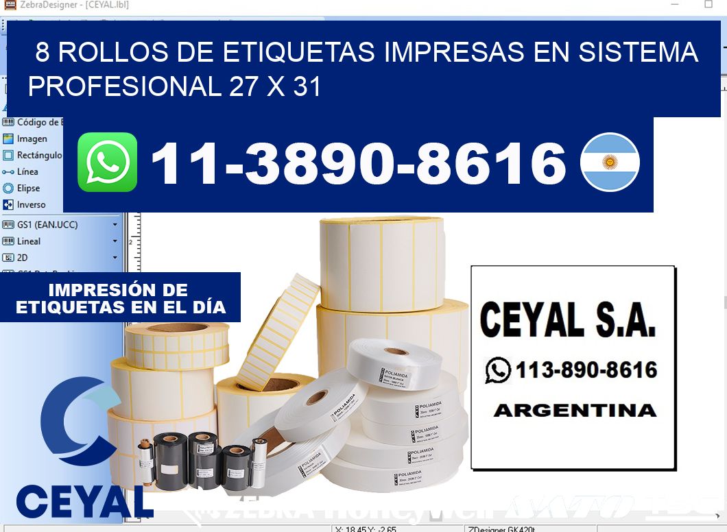 8 rollos de etiquetas impresas en sistema profesional 27 x 31