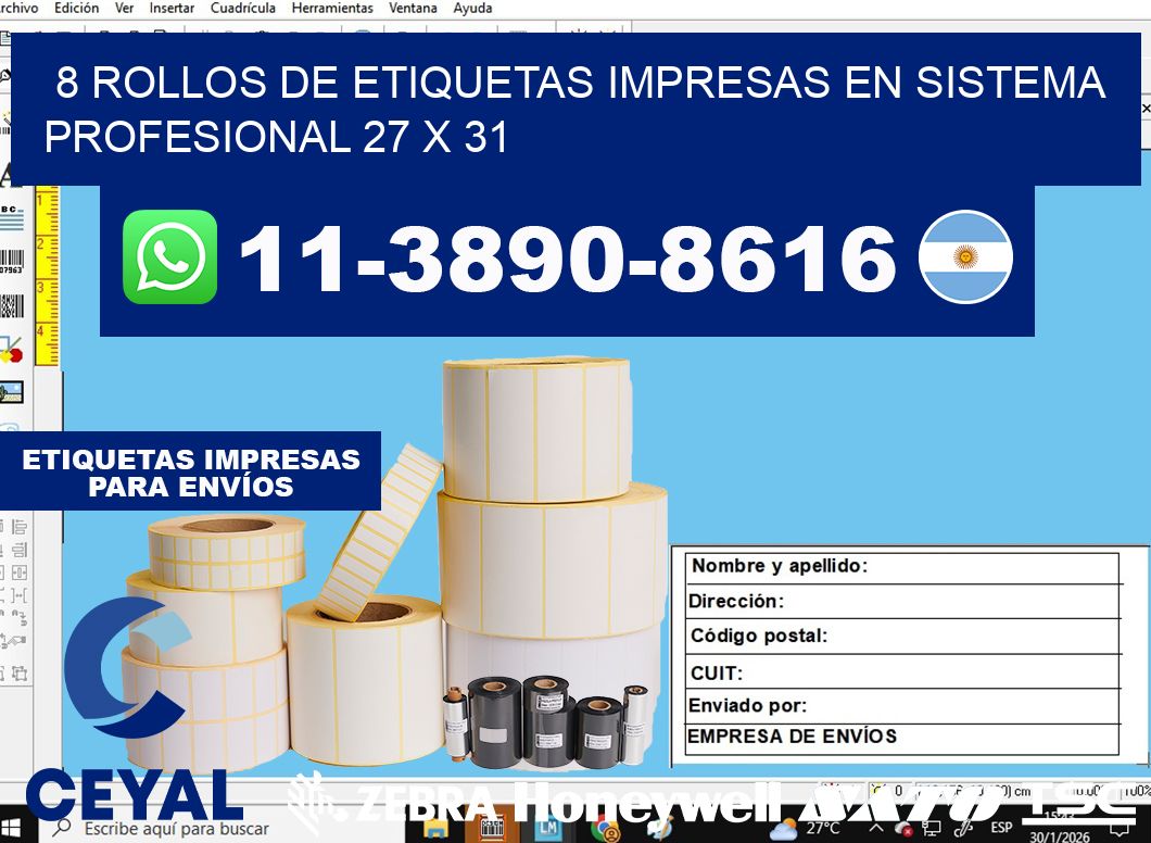 8 rollos de etiquetas impresas en sistema profesional 27 x 31