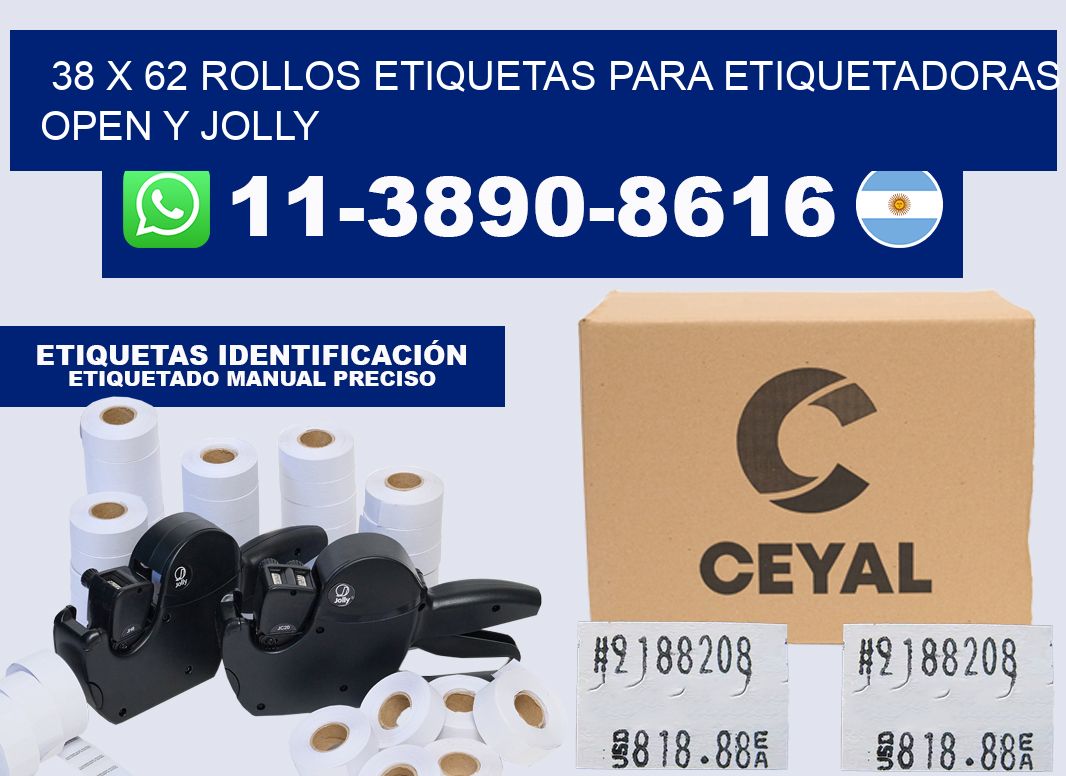 38 x 62 Rollos etiquetas para etiquetadoras open y jolly