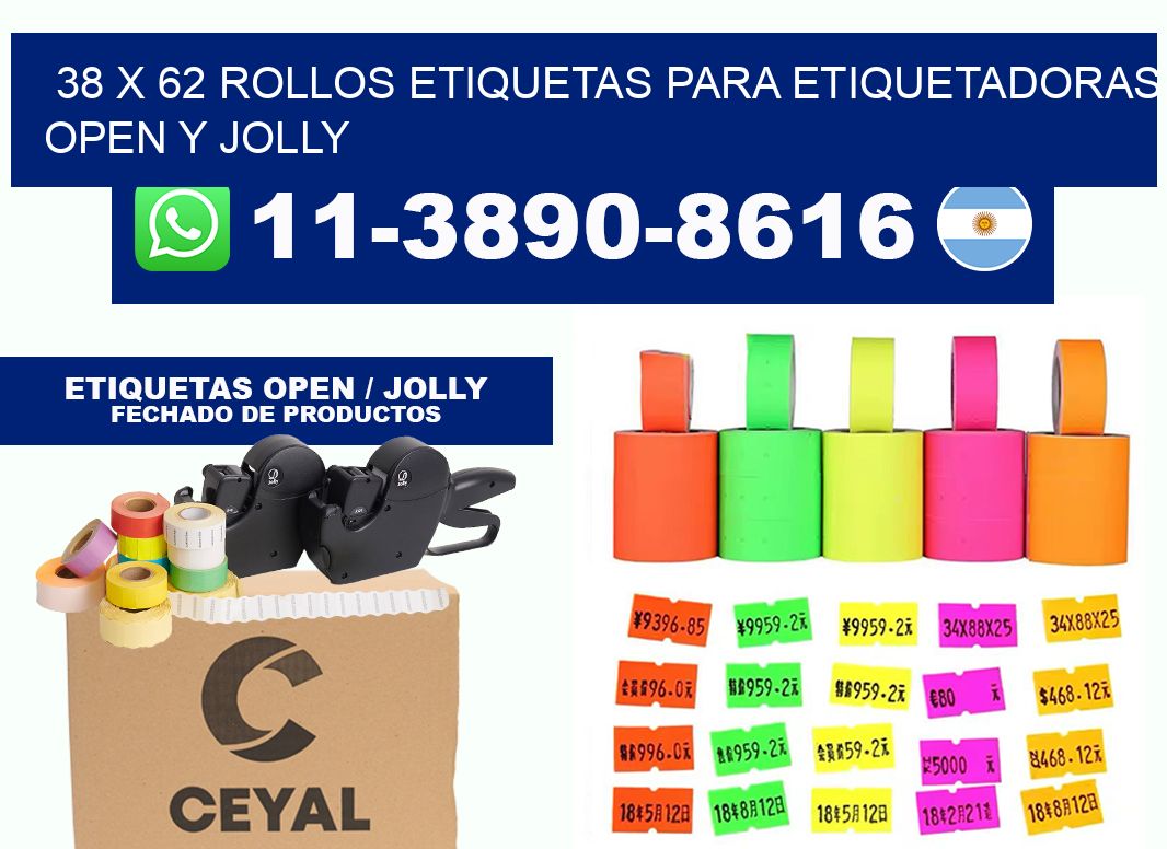 38 x 62 Rollos etiquetas para etiquetadoras open y jolly